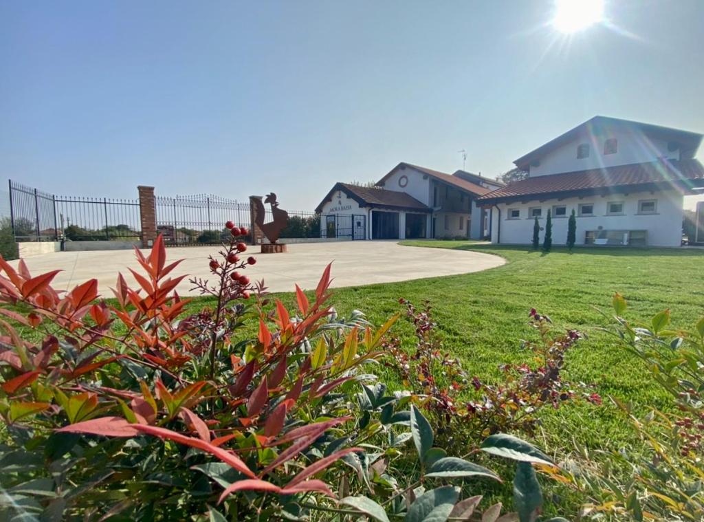 un patio con una casa y un parque en Cascina Mora Bassa en Vigevano