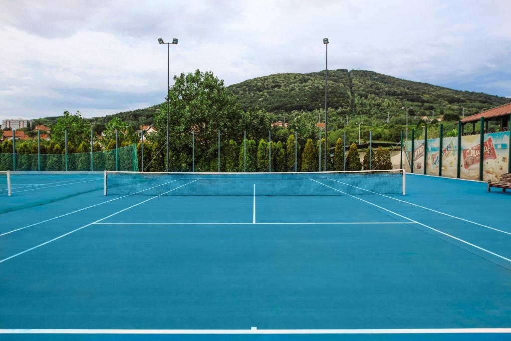 a tennis court with a mountain in the background at A Hoteli - Hotel Izvor in Arandelovac