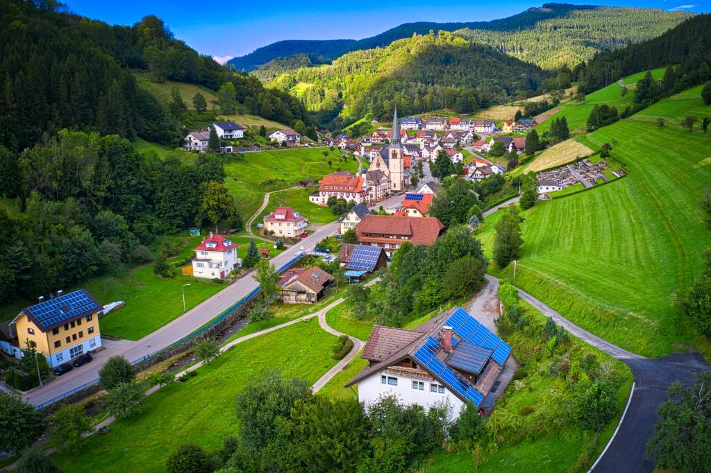una vista aerea di un piccolo villaggio in montagna di Steepleview House, Schwarzwaldblick Apartment - spacious & peaceful a Bad Peterstal-Griesbach