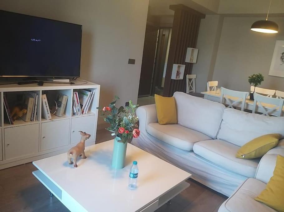 un soggiorno con divano bianco e TV di Distinctive apartment (2+1)Babacan a Istanbul