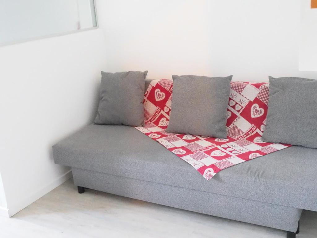 um sofá cinzento com almofadas e um cobertor em L'Orangerie, studio em Estrasburgo