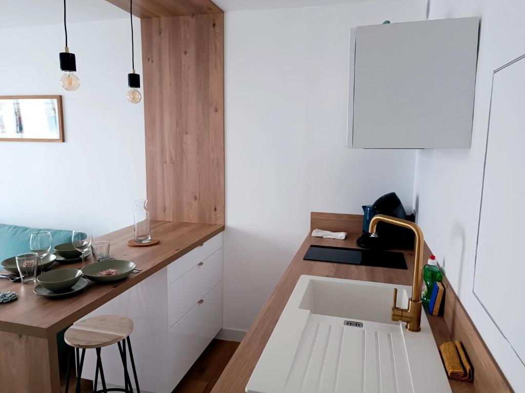a kitchen with a sink and a wooden counter top at Charmant Studio Refait à neuf Centre de Tours in Tours