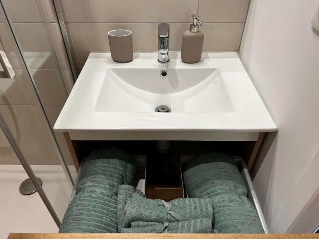 a sink in a bathroom with towels under it at Appartement Centre ville Le Havre in Le Havre