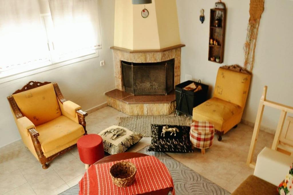 sala de estar con 2 sillas y chimenea en TasoulasHome 1-μονοκατοικια με αυλη en Komotini