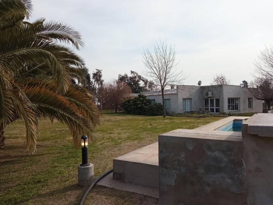 a house with a palm tree and a light in the yard at Casa de campo La Ernestita in Iriarte
