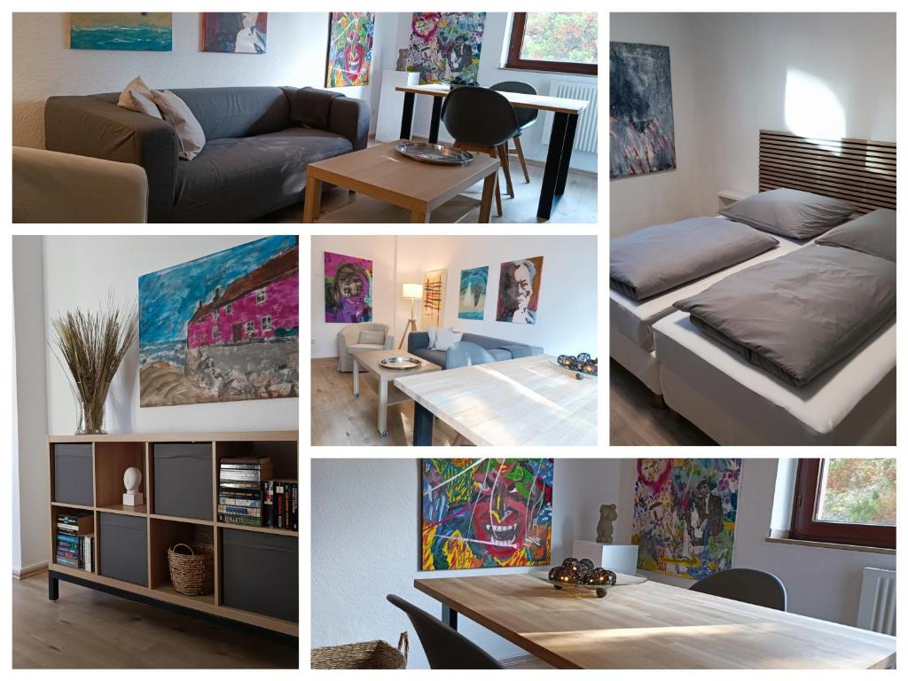 a collage of pictures of a living room with a couch and a table at Gruga Apartment an der Messe in Essen