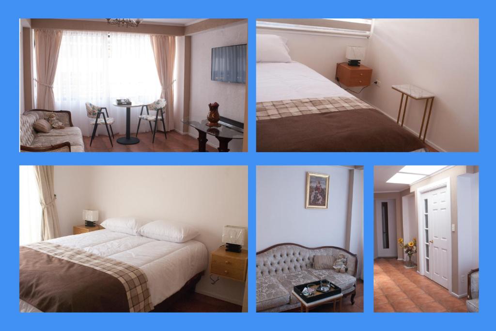 quatro fotografias de um quarto com uma cama e uma mesa em Alojamiento Altos del Pacífico em Iquique