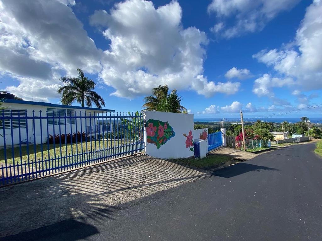a fence on a street with the ocean in the background at Million dollar view in Puerto Rico in Luquillo