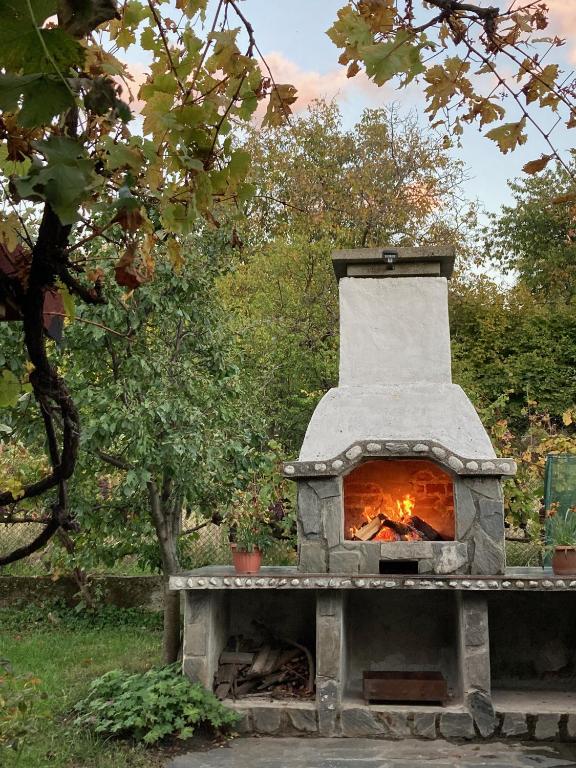 a stone oven with a fire inside of it at Къща за гости Ягода in Sapareva Banya