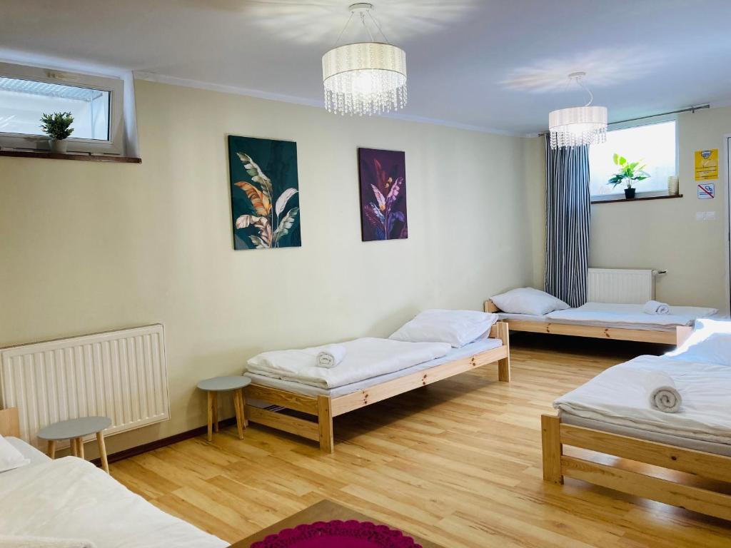 a room with two beds and two tables at Hostel Dalia in Zielona Góra