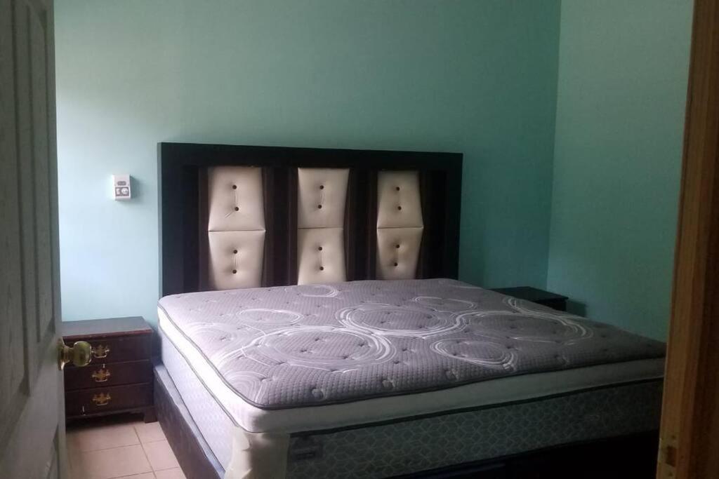 1 dormitorio con 1 cama en una habitación azul en Quiet Cabin in San Gabriel Mixtepec, 