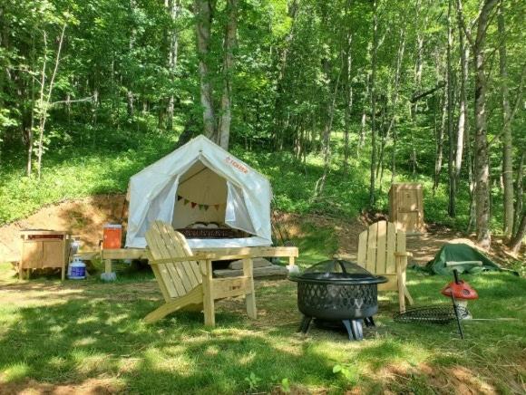 a tent and a picnic table and a grill at Tentrr Signature Site - Greener Acres Roan Mountain View in Roan Mountain