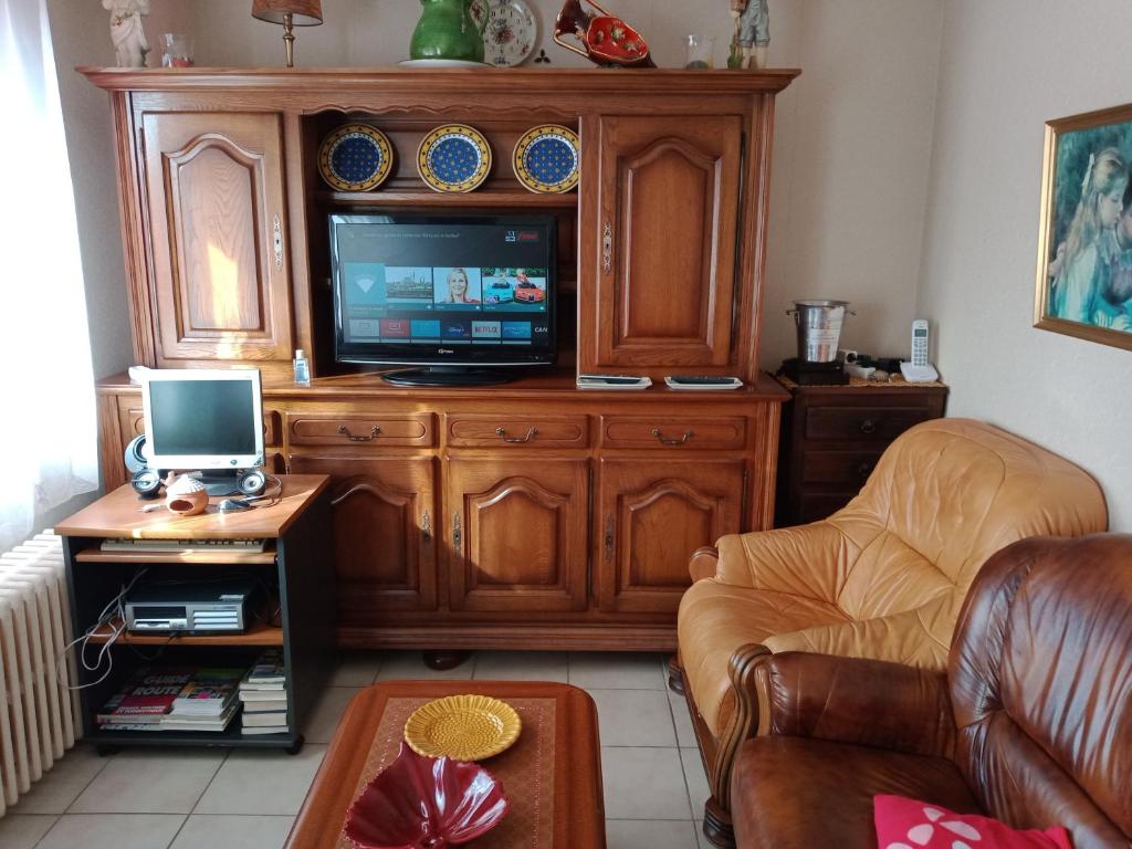 salon z dużym drewnianym centrum rozrywki z telewizorem w obiekcie Maison entière avec parking, garage et jardin w mieście Montluçon