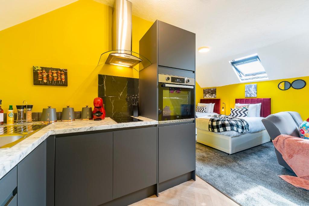 Jesouth Charming Superb Comfortable Pretty Studio Pad Wifi في هال: مطبخ بجدران صفراء ودواليب رمادية وغرفة معيشة