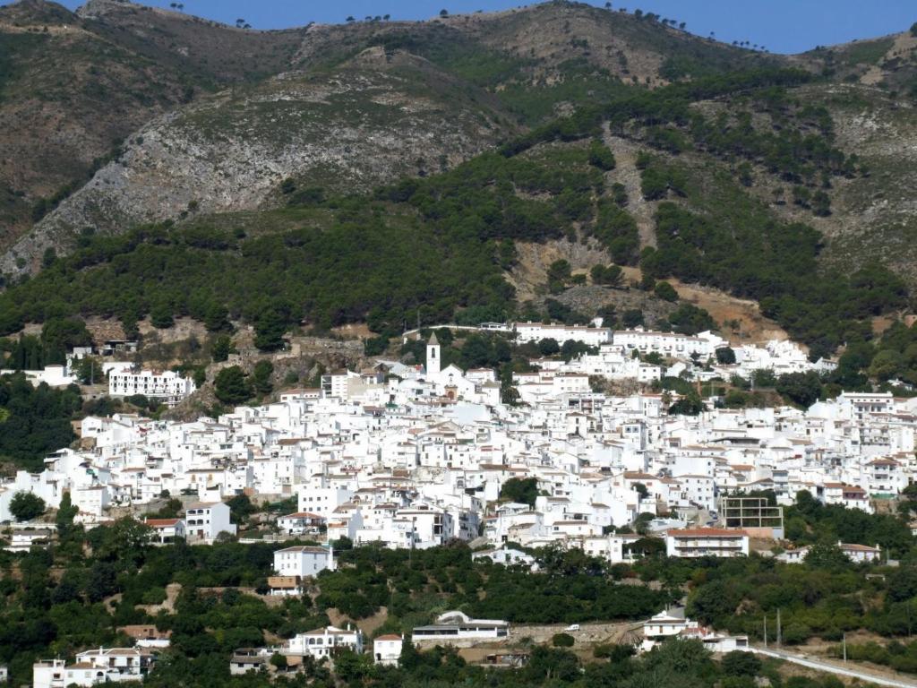 een stad op een heuvel met bergen op de achtergrond bij Casa rural huertas largas in Casarabonela
