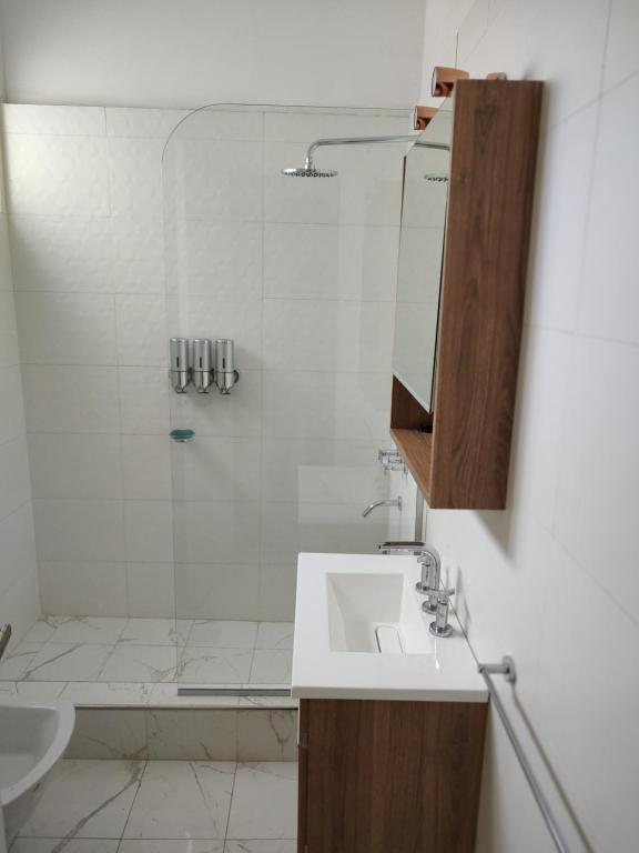 a bathroom with a sink and a shower at Caminito Apart in Buenos Aires