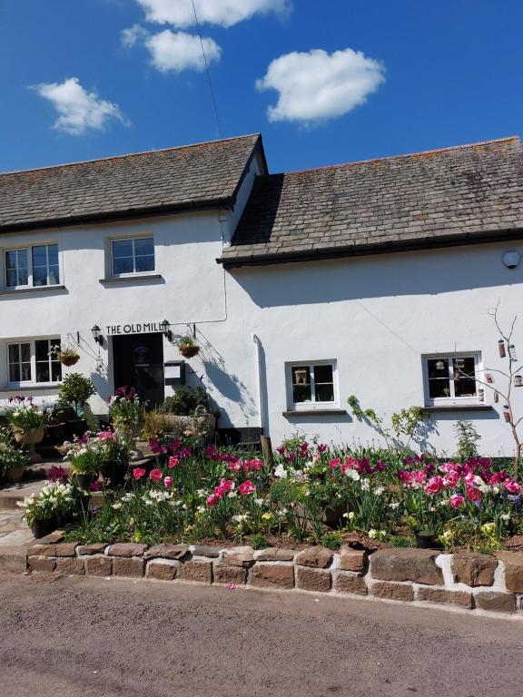 a white building with flowers in front of it at The Millers Cottage in Okehampton