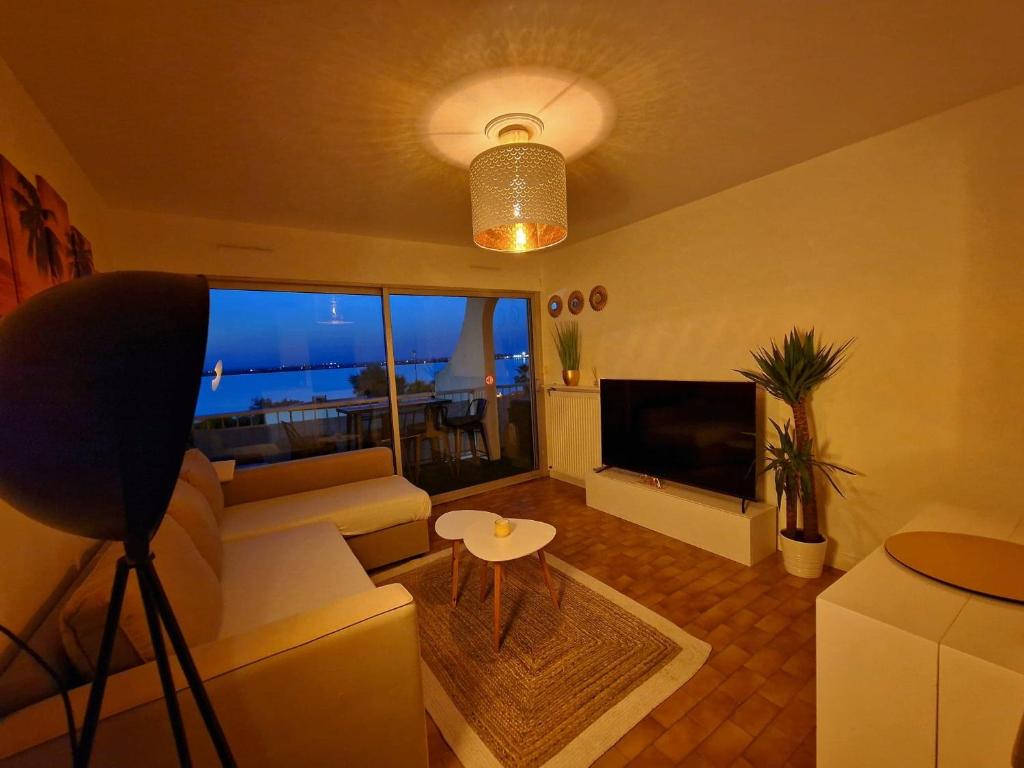 Televízia a/alebo spoločenská miestnosť v ubytovaní Appartement 1ere ligne piscine terrasse au bord de la plage front de mer avec 6 vélos