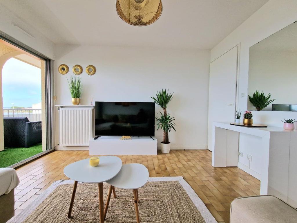 Televízia a/alebo spoločenská miestnosť v ubytovaní Appartement 1ere ligne piscine terrasse au bord de la plage front de mer avec 6 vélos
