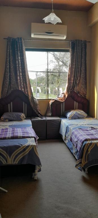 een slaapkamer met 2 aparte bedden en een raam bij Hospedaje San Miguel in Luque