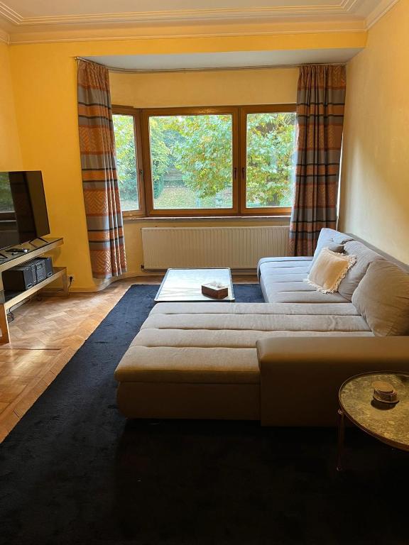 a living room with a couch and a large window at Bel appartement avec vue sur parc - Tour Japonaise in Brussels