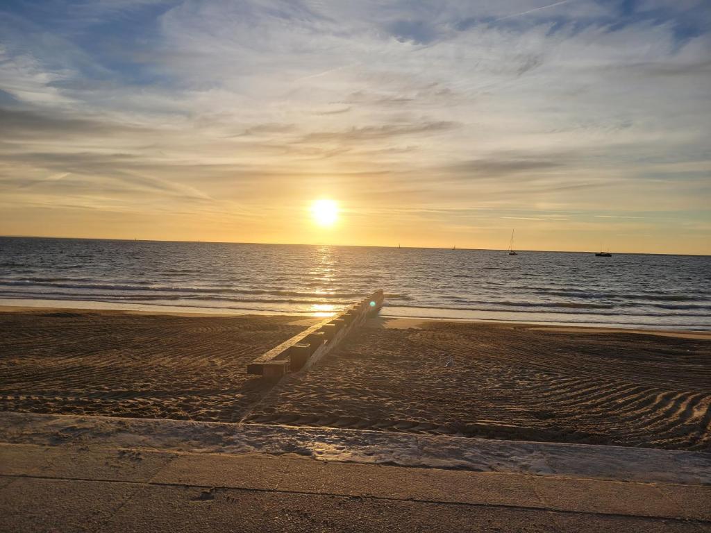 a bench on the beach with the sunset in the background at 39 Queens Road in Swanage