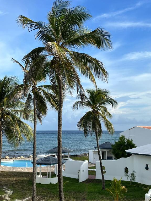 a view of the ocean from a resort with palm trees at OceanBlue Resort in Christ Church