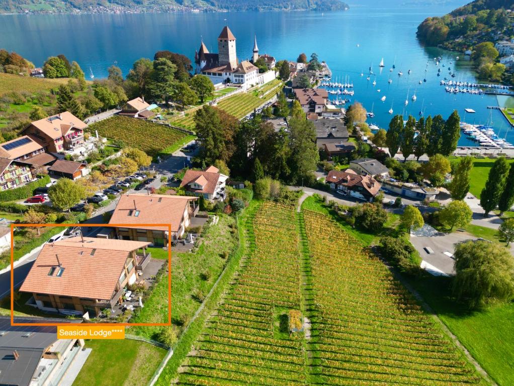 una vista aérea de una pequeña localidad a orillas de un lago en Seaside-Lodge, Top Apartment, en Spiez