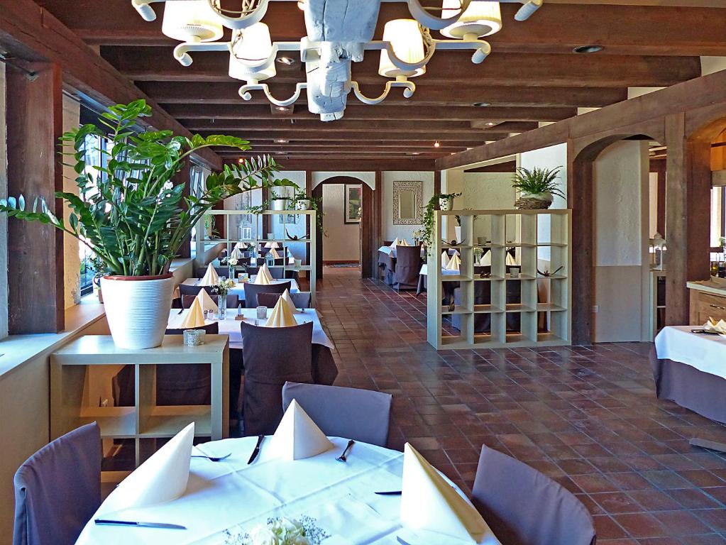 ein Restaurant mit Tischen, Stühlen und einem Kronleuchter in der Unterkunft Donnici im Schwyzerhüsli in Viernheim