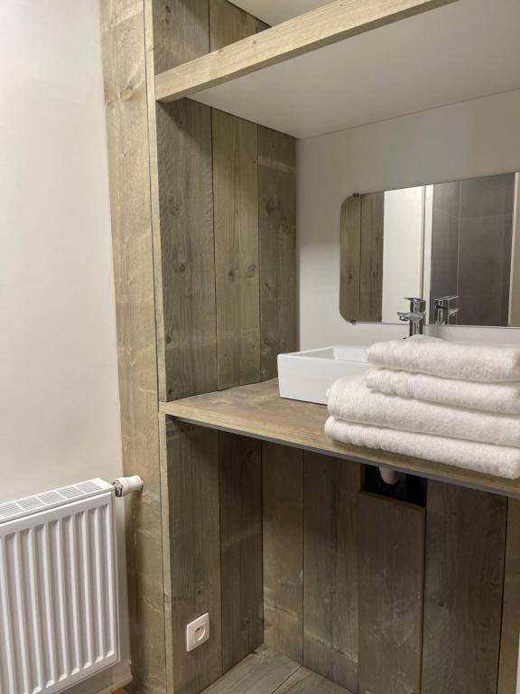 baño con paredes de madera, lavabo y espejo en Prachtige kamer in centrum Brugge met badkamer !, en Brujas