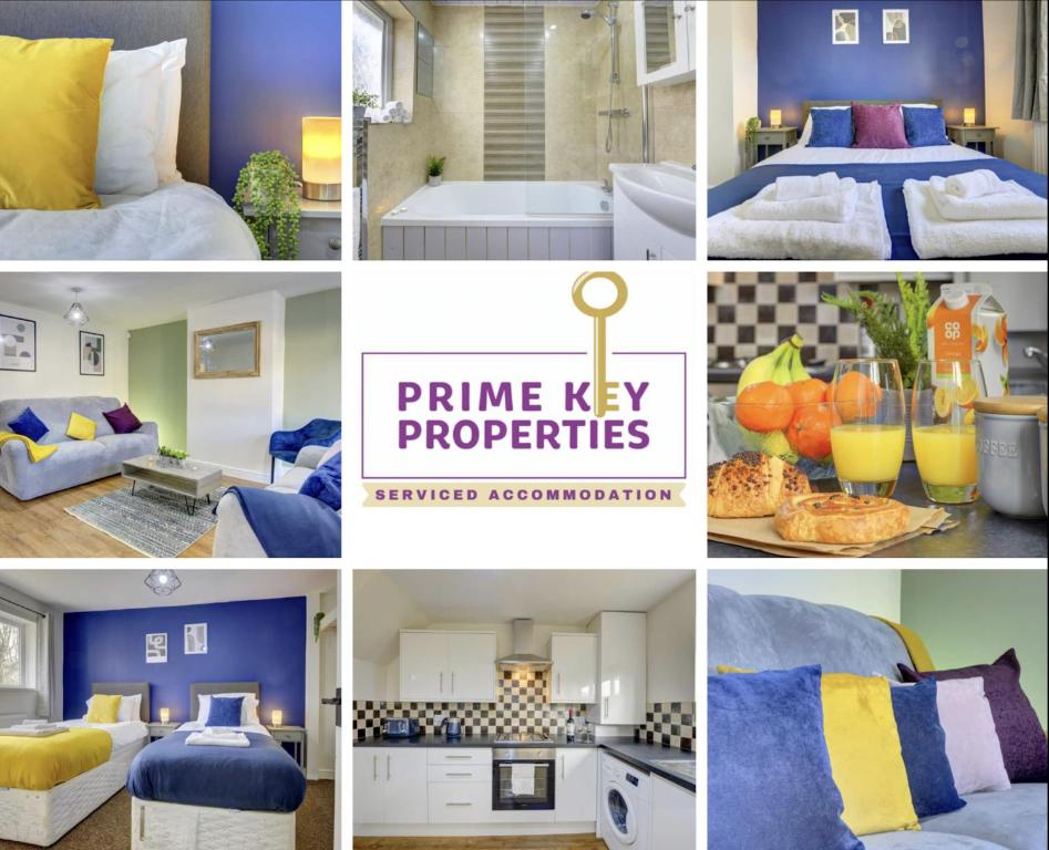 a collage of photos of a bedroom with purple and yellow at Thurnby Lodge in Leicester