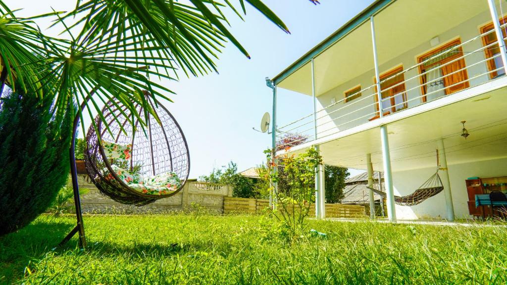 uma casa com uma rede na relva perto de uma palmeira em Guesthouse Vashlovani em Lagodekhi