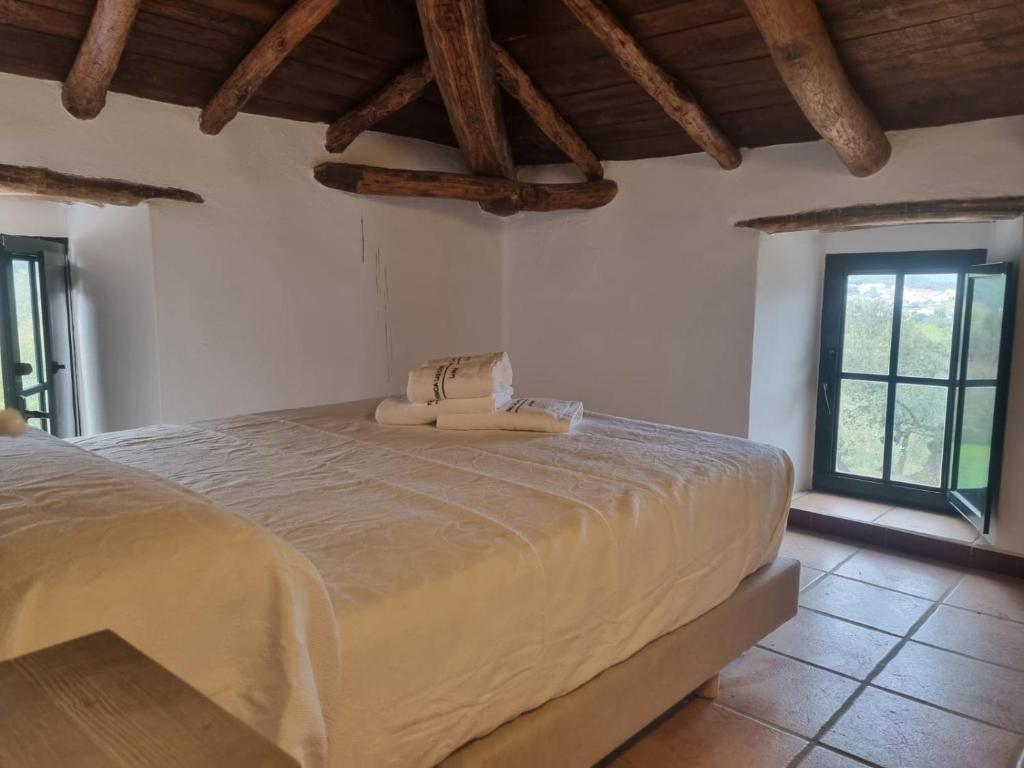 a bedroom with a large bed in a room with windows at Finca las Cabrillas La Nava in La Nava