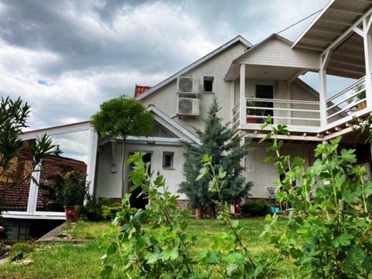 una casa blanca con un patio con plantas en Welcome Vendégház en Pécs