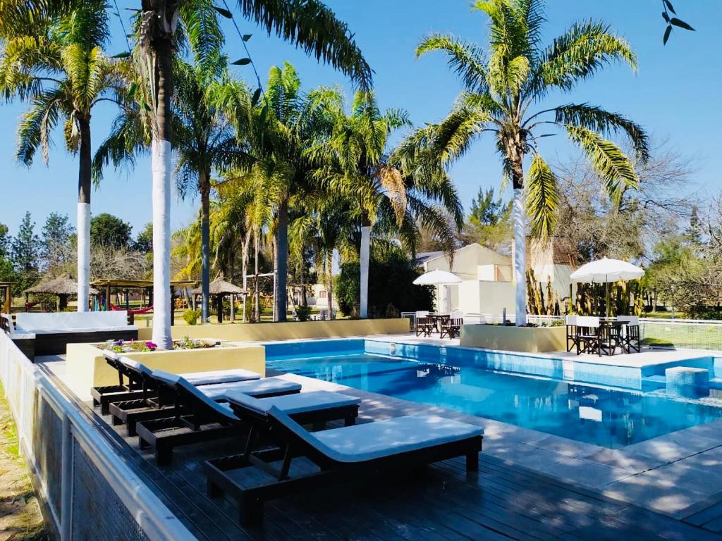 a pool with chaise lounge chairs and palm trees at Cabañas Kumelen Resort in Termas de Río Hondo