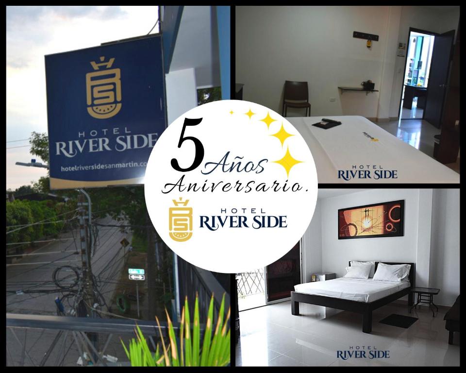 un collage de fotos con una señal para una tienda en Hotel River Side, en San Martín