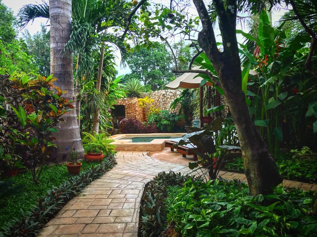 um jardim com um passadiço de tijolos com palmeiras e uma piscina em Casa Tia Micha em Valladolid