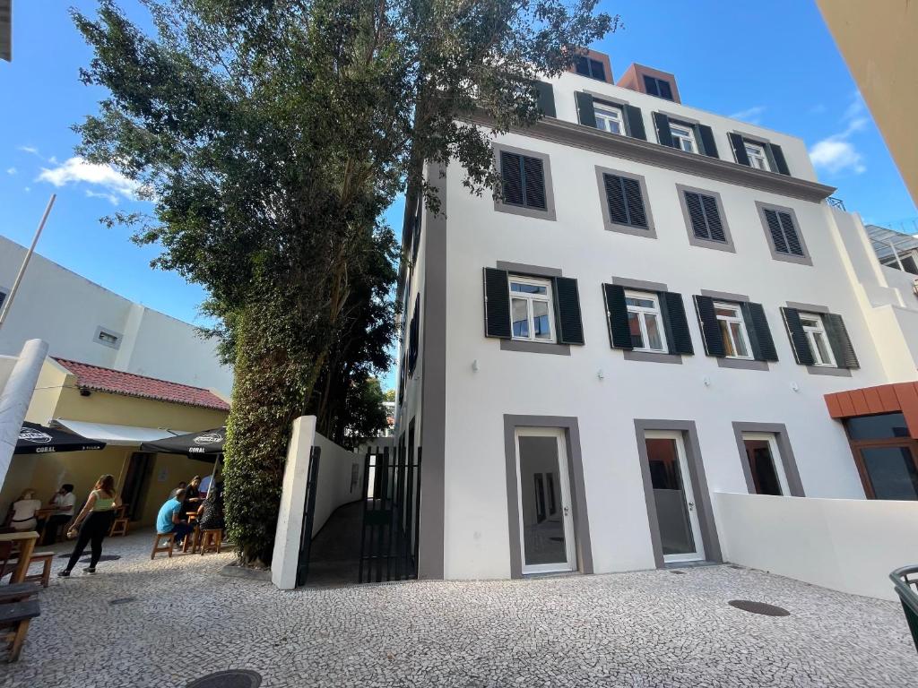 un bâtiment blanc avec un arbre devant lui dans l'établissement Living Funchal Executive, à Funchal