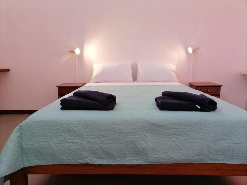 ein Schlafzimmer mit einem großen Bett mit zwei Kissen darauf in der Unterkunft SW Villa Corail - Trou aux Biches in Trou aux Biches