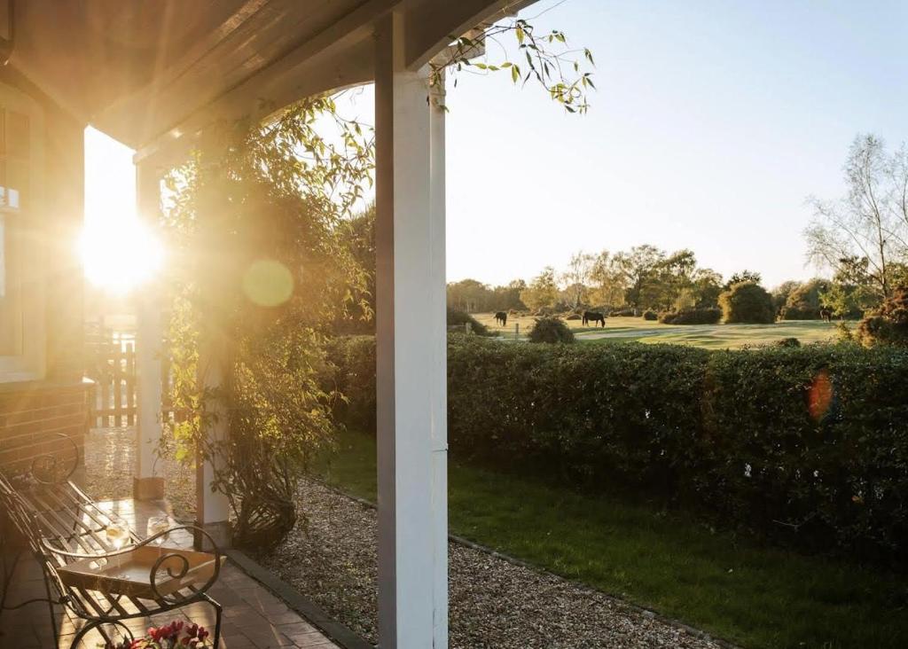 a porch with a view of a golf course at Surrey Lodge in Brockenhurst