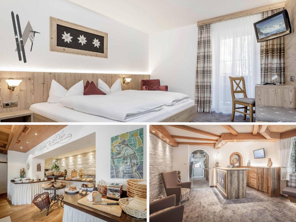 a hotel room with a bed and a living room at Pension Edelweiss in Sölden
