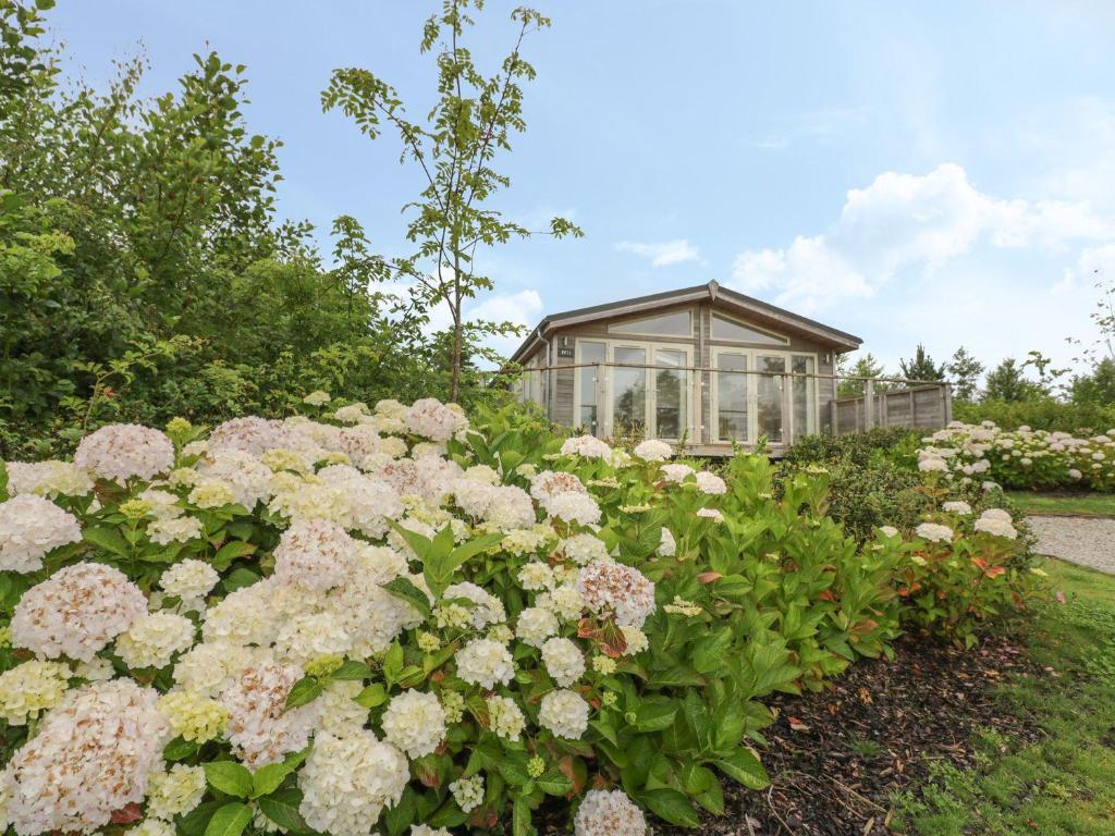 a garden with flowers in front of a greenhouse at 11 Faraway Fields in Liskeard
