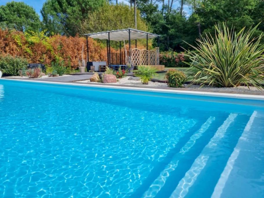 duży niebieski basen z altaną w obiekcie La Cabane au Carbet Piscine chauffée au calme dans la nature w mieście Sainte-Eulalie-en-Born