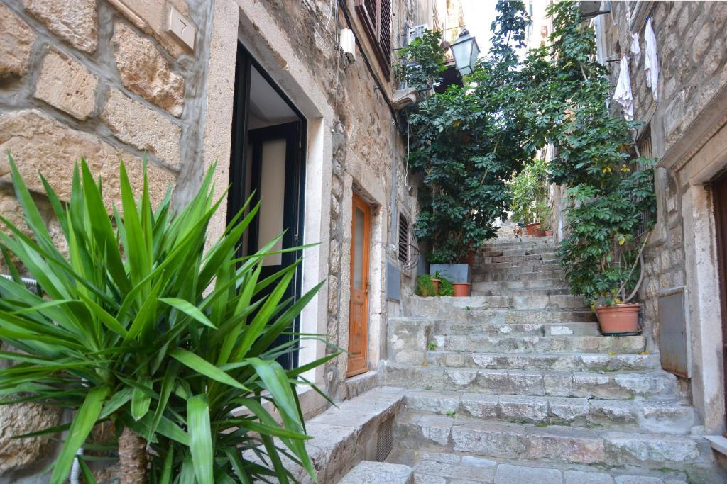 un callejón con escaleras en un edificio antiguo con plantas en Studio In, en Dubrovnik