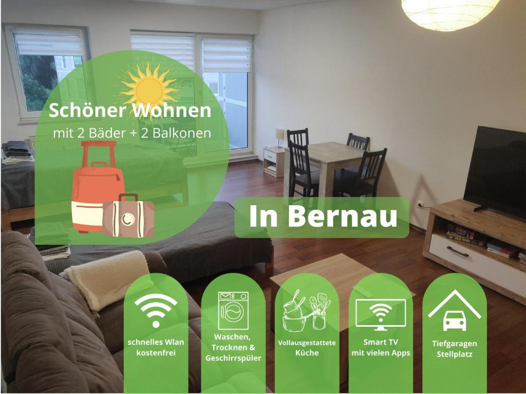 a living room with a couch and a sign that says in benzman at Fewo Bernau in Bernau bei Berlin