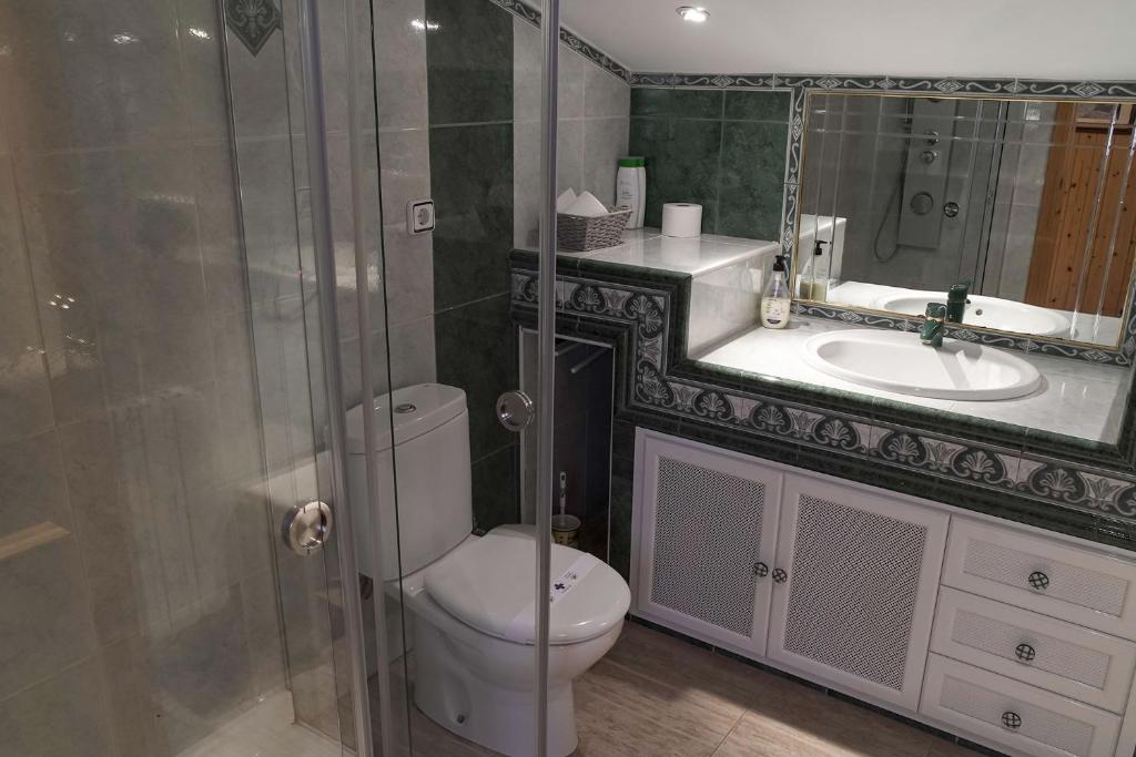 a bathroom with a toilet and a sink and a shower at Casa Rural Las Cuevas de Setenil in Setenil