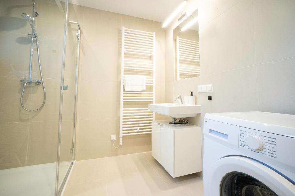 W łazience znajduje się pralka i umywalka. w obiekcie OrestaLiving - Penthouse with designer renovation w Wiedniu