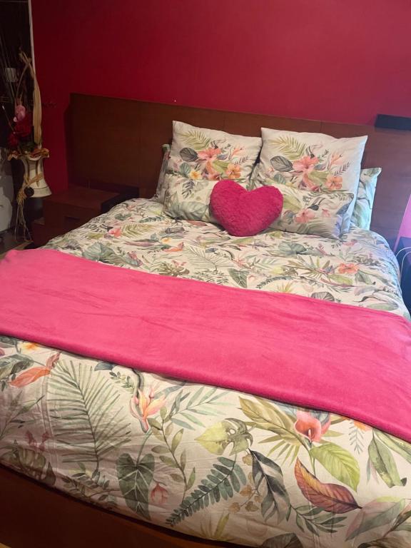マドリードにあるホステル コラソン デ マドリードのハートピロー付きベッド、ピンクの毛布