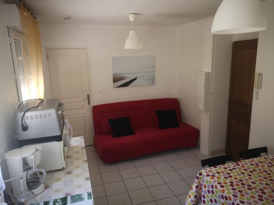 ein Wohnzimmer mit einer roten Couch in einem Zimmer in der Unterkunft Studio Chaleureux in Albert