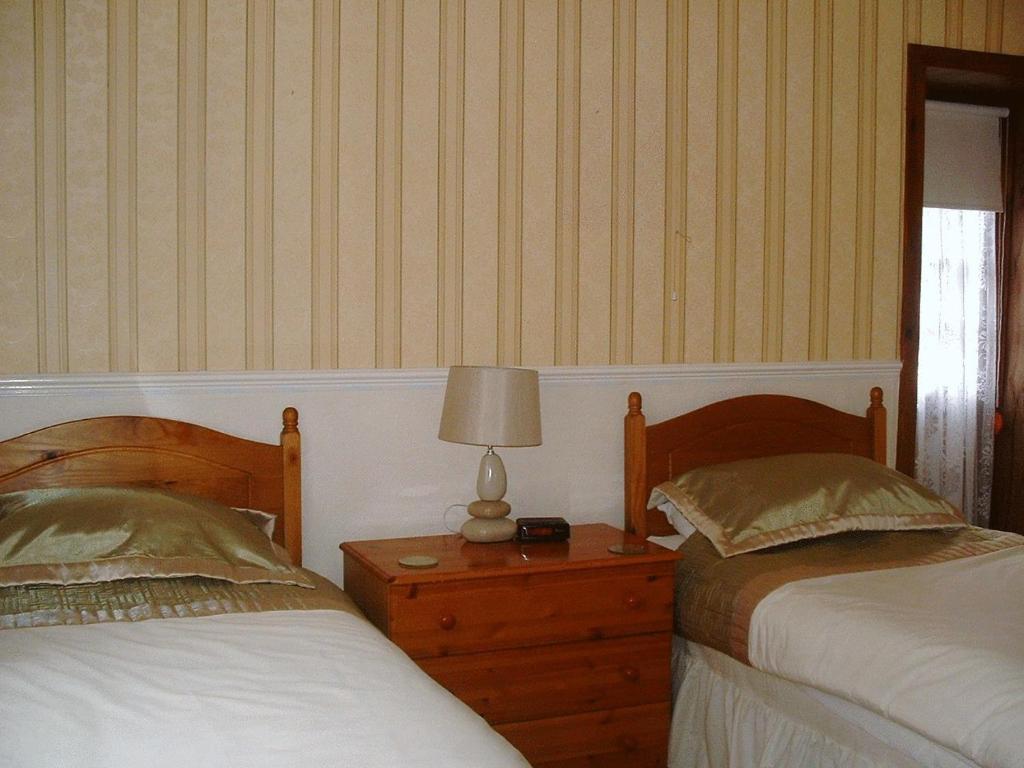 a bedroom with two beds and a lamp on a night stand at Lewinsdale Lodge in Weston-super-Mare